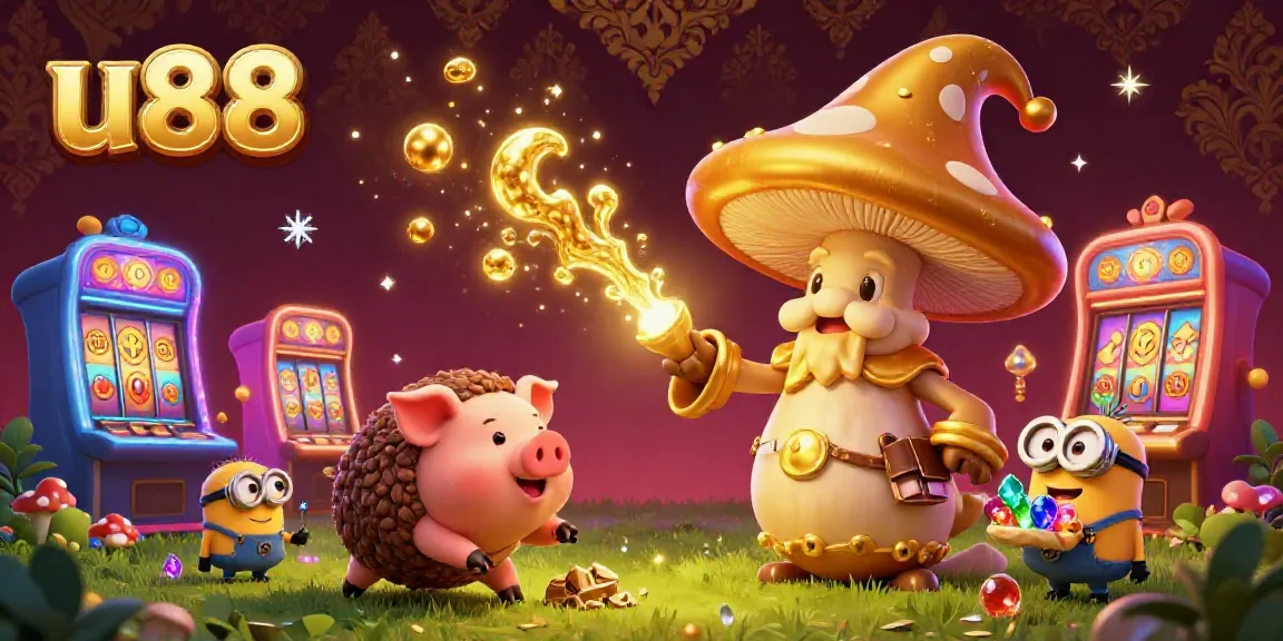 Explore the enchanting world of u88 with a golden mushroom wizard and treasure-seeking characters in a vibrant casino.
