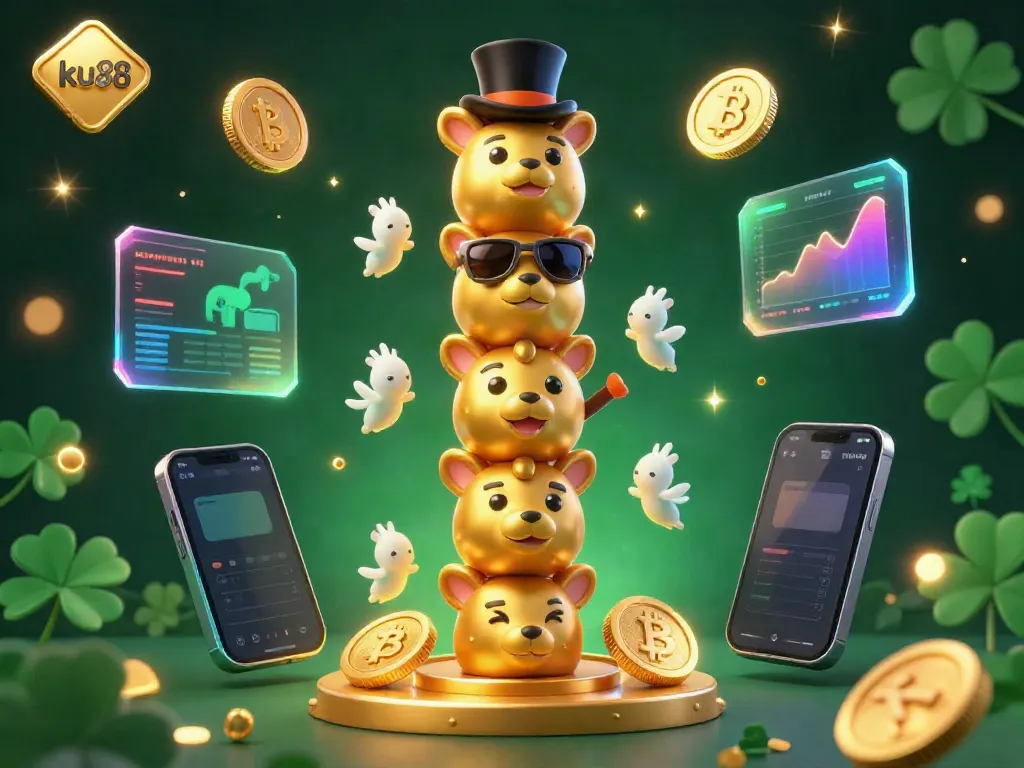 Engage with ku88's vibrant casino adventure featuring a golden totem and glowing crypto coins.