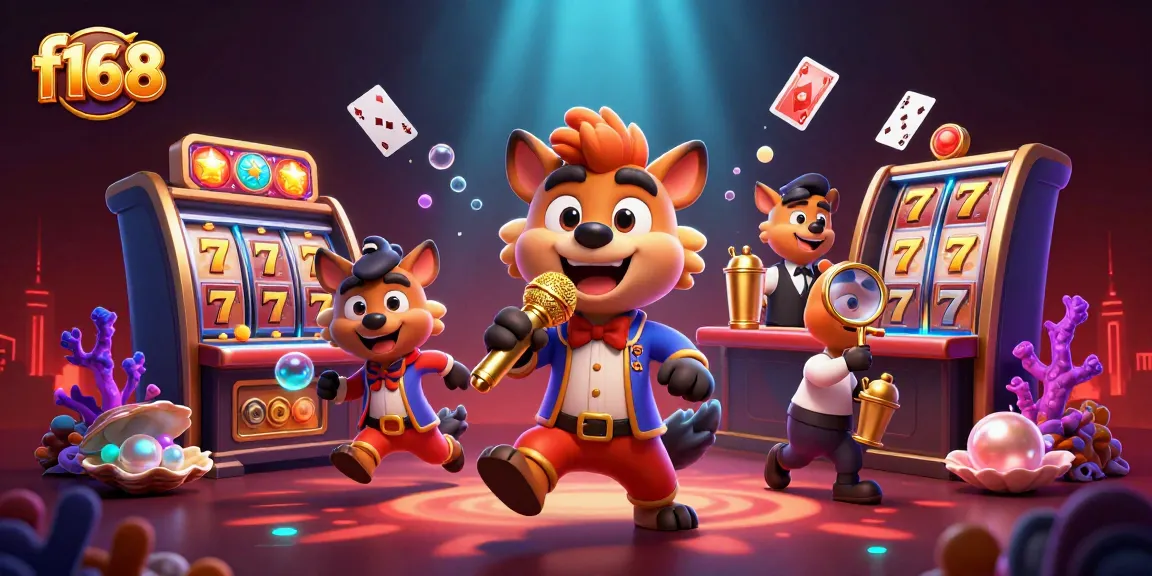 Experience the vibrant, lively atmosphere of f168, featuring hyenas in a comedy casino club with slots and golden themes.