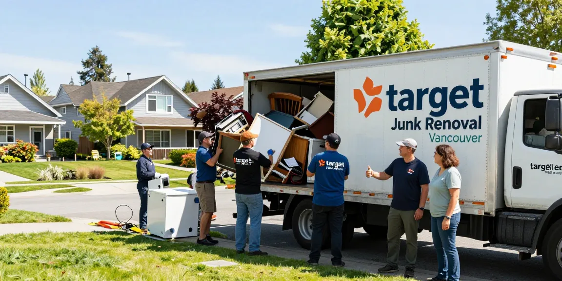 Efficient target Junk Removal Vancouver team loading junk into truck in a sunny neighborhood.