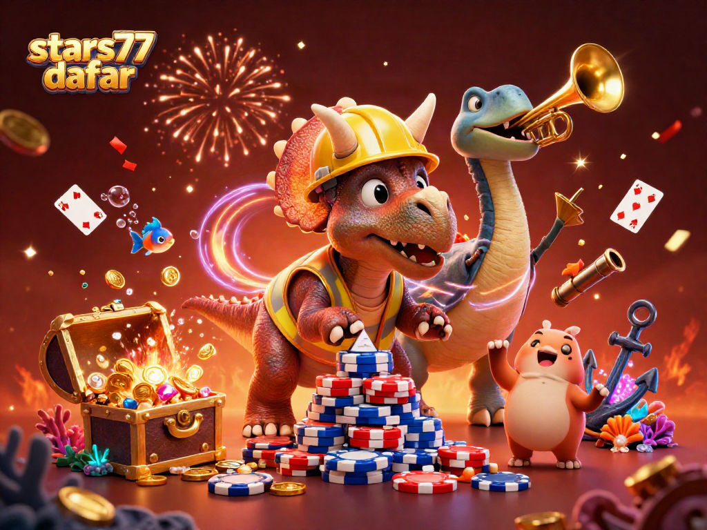 Gambarkan aksi permainan di stars77 daftar dengan chip poker, kembang api, dan karakter dinosaurus.
