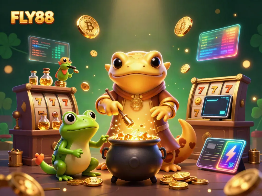 Experience the magic of FLY88 with vibrant 3D characters exploring casino wonders.