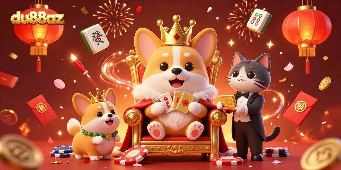 Experience thrilling gameplay at du88az with animated corgis celebrating in a lavish casino setting.