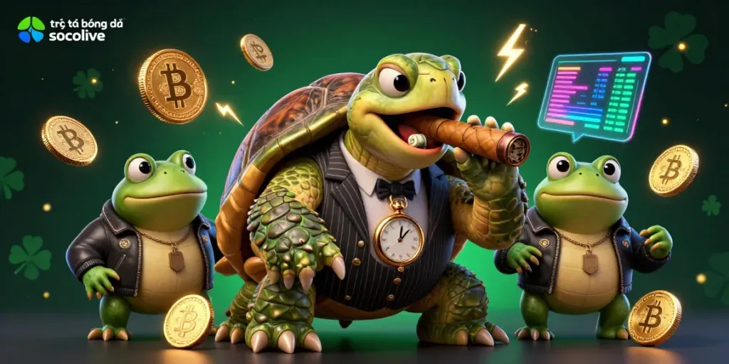 Engage directly with bóng đá socolive through a thrilling 3D scene of a turtle in mobster attire surrounded by crypto elements.