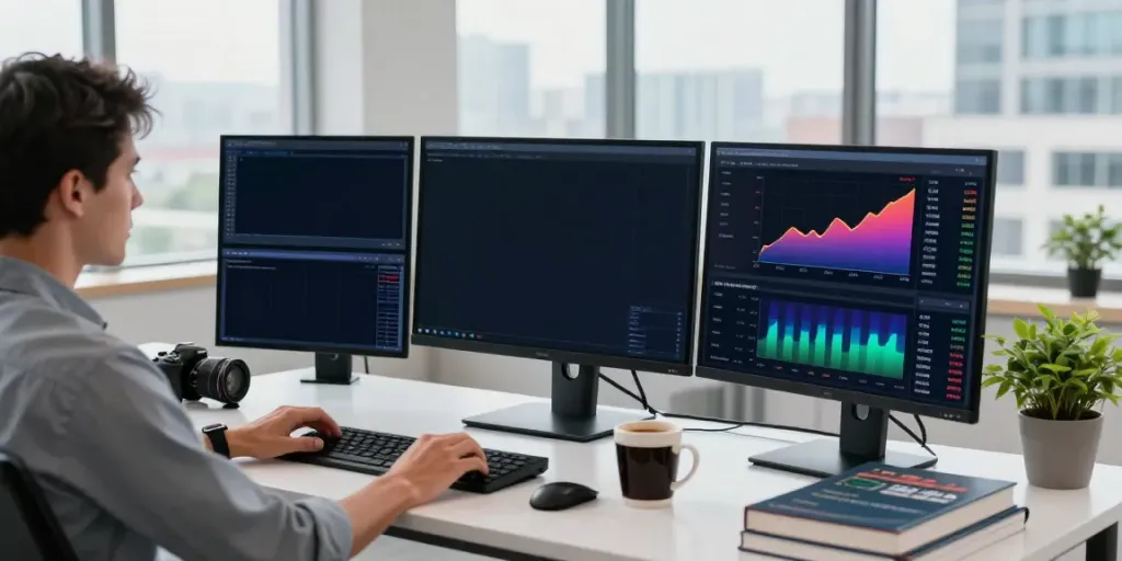 Trader at a desk with advanced technology analyzing slate capivex market data and AI insights.