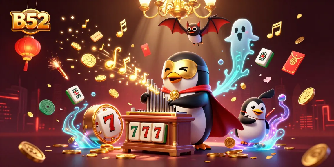 B52 slot gaming scene featuring a penguin organist and bat acrobat amidst dynamic casino elements