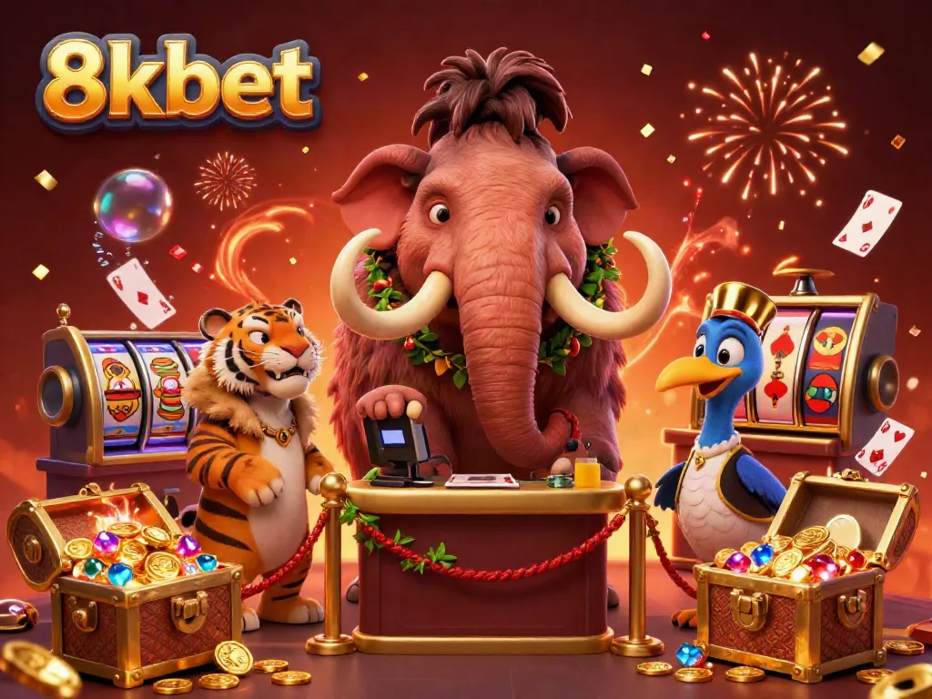 Experience the thrill of 8xbet with vibrant characters and dynamic casino elements in a festive setting.