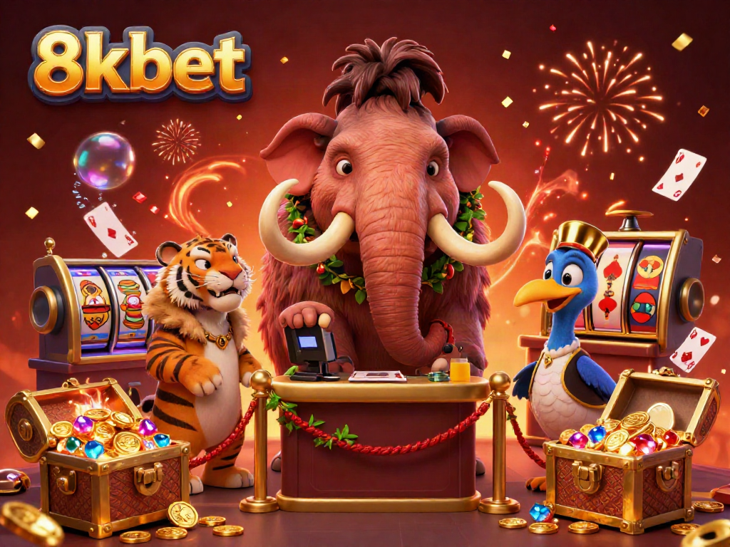 Experience the thrill of 8xbet with vibrant characters and dynamic casino elements in a festive setting.