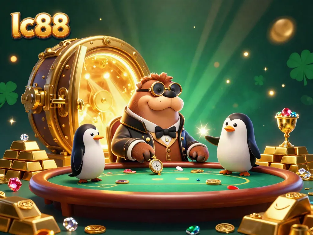 lc88 poker scene featuring a walrus, penguin dealer, and pufferfish with treasure elements.