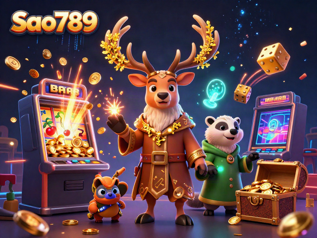 Experience excitement with a 3D illustration of Sao789 featuring high-stakes gameplay, vibrant symbols, and casino energy.