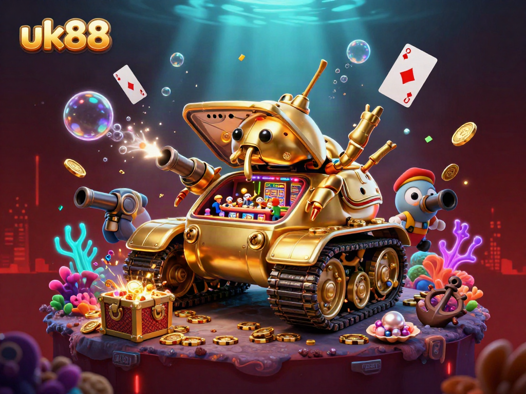Experience the excitement of uk88 with a massive golden tank casino revealing miniature gaming action inside.