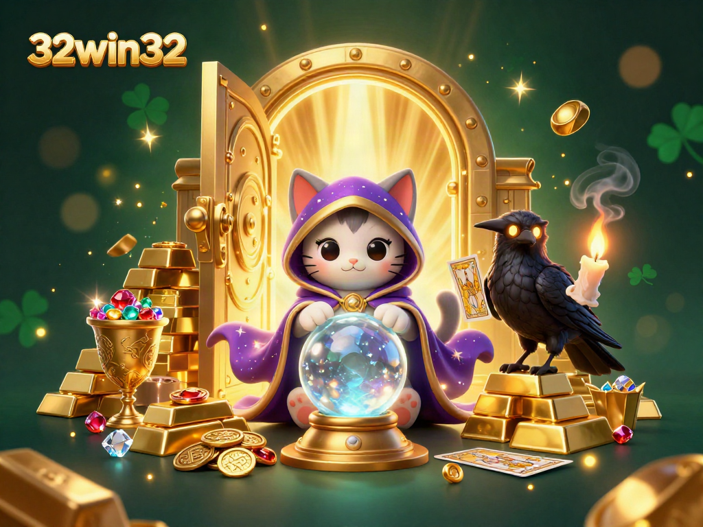 Engage in thrilling gameplay with 32win32 featuring a mystic cat and a tarot-reading raven in a vibrant casino scene.