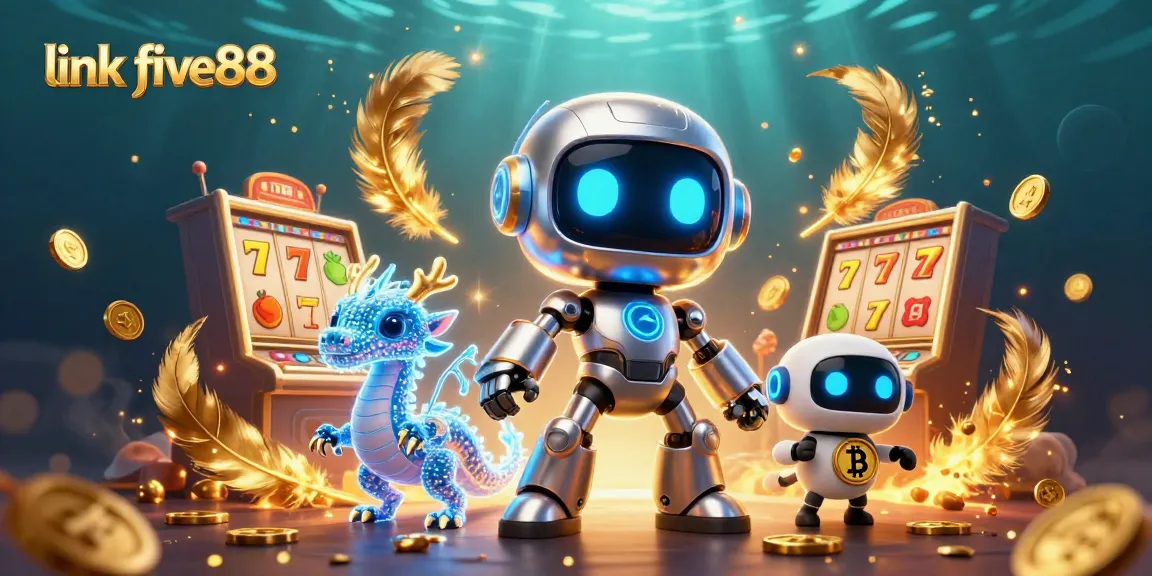 Win big with link five88 at a vibrant futuristic casino scene of slots and digital assets.