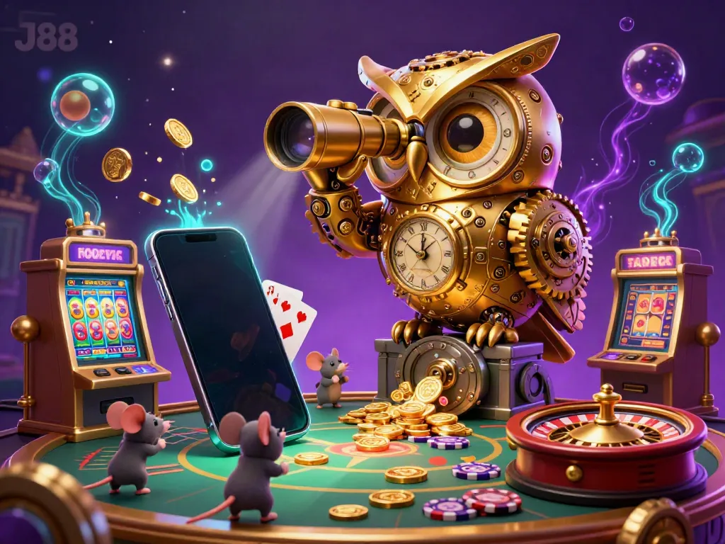 Engage with J88's thrilling casino scene featuring a golden owl overseeing the action, capturing excitement and gameplay.