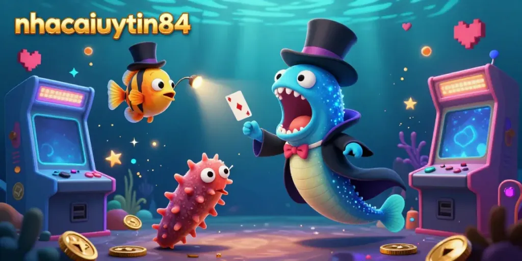 Experience vibrant entertainment with nhacaiuytin84, showcasing a deep-sea casino theme with energetic sea characters performing magic tricks.