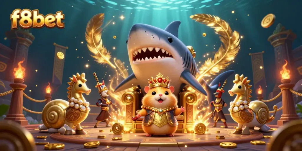 Engage with thrilling gaming at f8bet, highlighting mighty hamster king and guards amidst vibrant casino action.