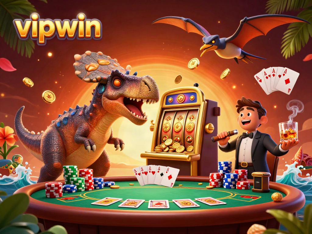 Experience the thrill of vipwin as a cartoon dinosaur wins at a casino, surrounded by poker chips and lively game elements.