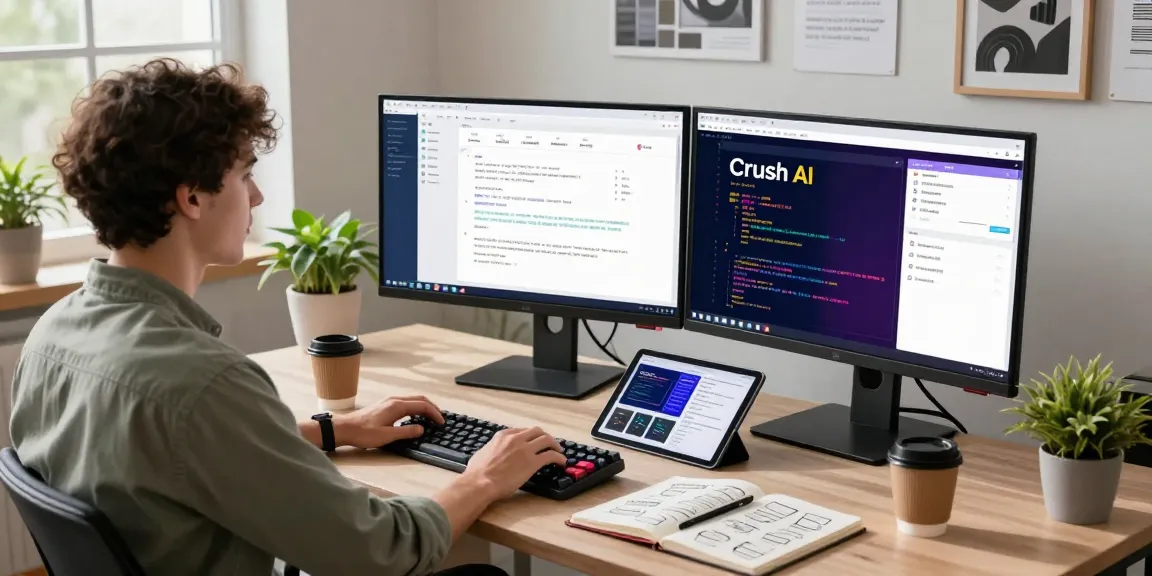 Developer using Crush AI on dual monitors in a modern workspace, showcasing tech innovation.