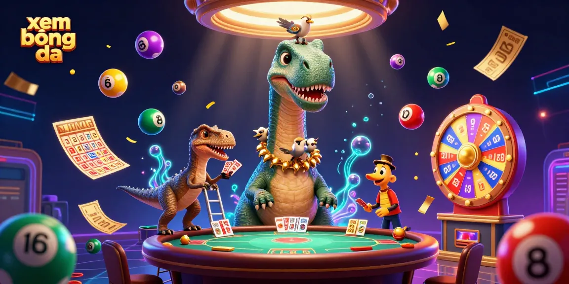 Xem bóng đá with dinosaurs in a vibrant gaming scene featuring lottery balls and a bingo card.