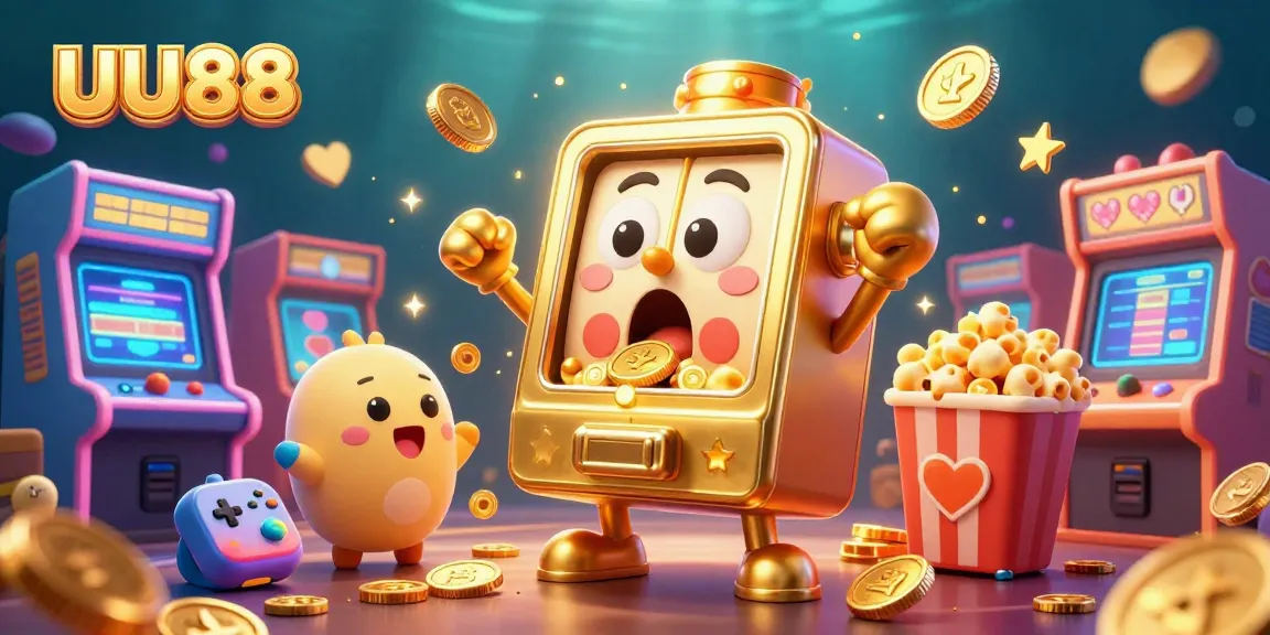 Exciting scene with UU88's golden slot machine hitting a jackpot, surrounded by cheering companions.