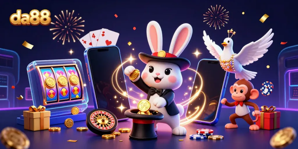 Experience exciting gaming action with da88's vibrant casino scene featuring a magician, dove, and monkey.