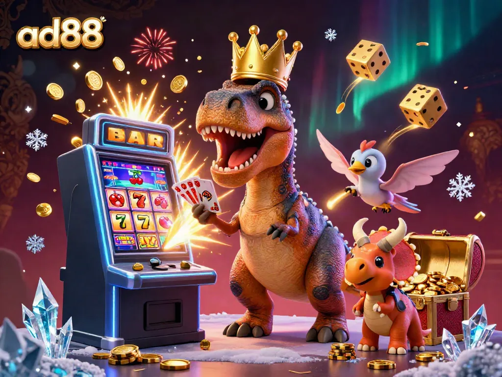 Experience the excitement of ad88 casino with a vibrant illustration of friendly dinosaurs playing cards and stacking chips.