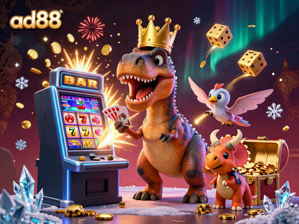 Experience the excitement of ad88 casino with a vibrant illustration of friendly dinosaurs playing cards and stacking chips.