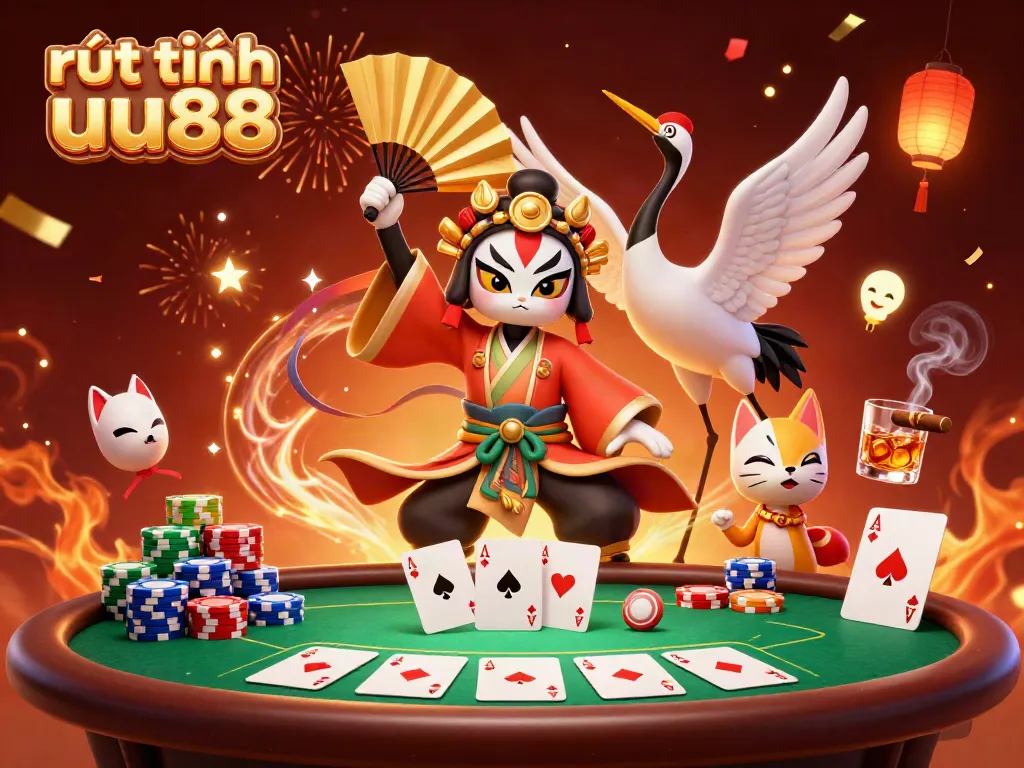 Experience the thrill of rút tiền uu88 with this dynamic casino scene featuring vibrant characters and poker elements.
