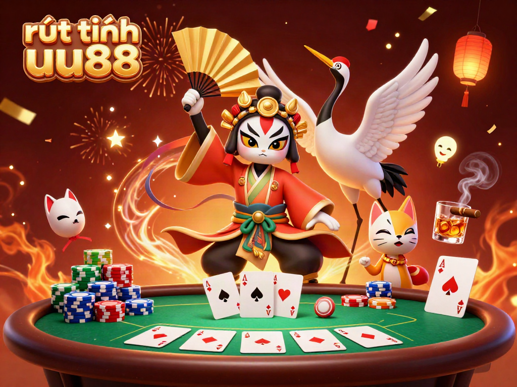 Experience the thrill of rút tiền uu88 with this dynamic casino scene featuring vibrant characters and poker elements.