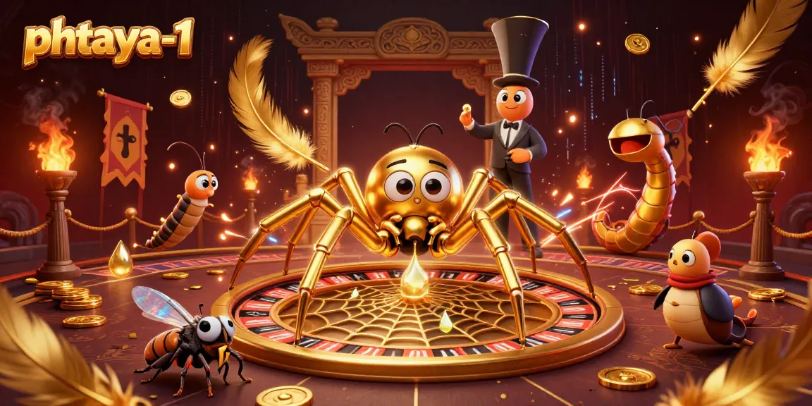 PHTAYA-1 showcases a golden spider and centipede croupier in a thrilling online casino scene filled with dynamic gaming elements.