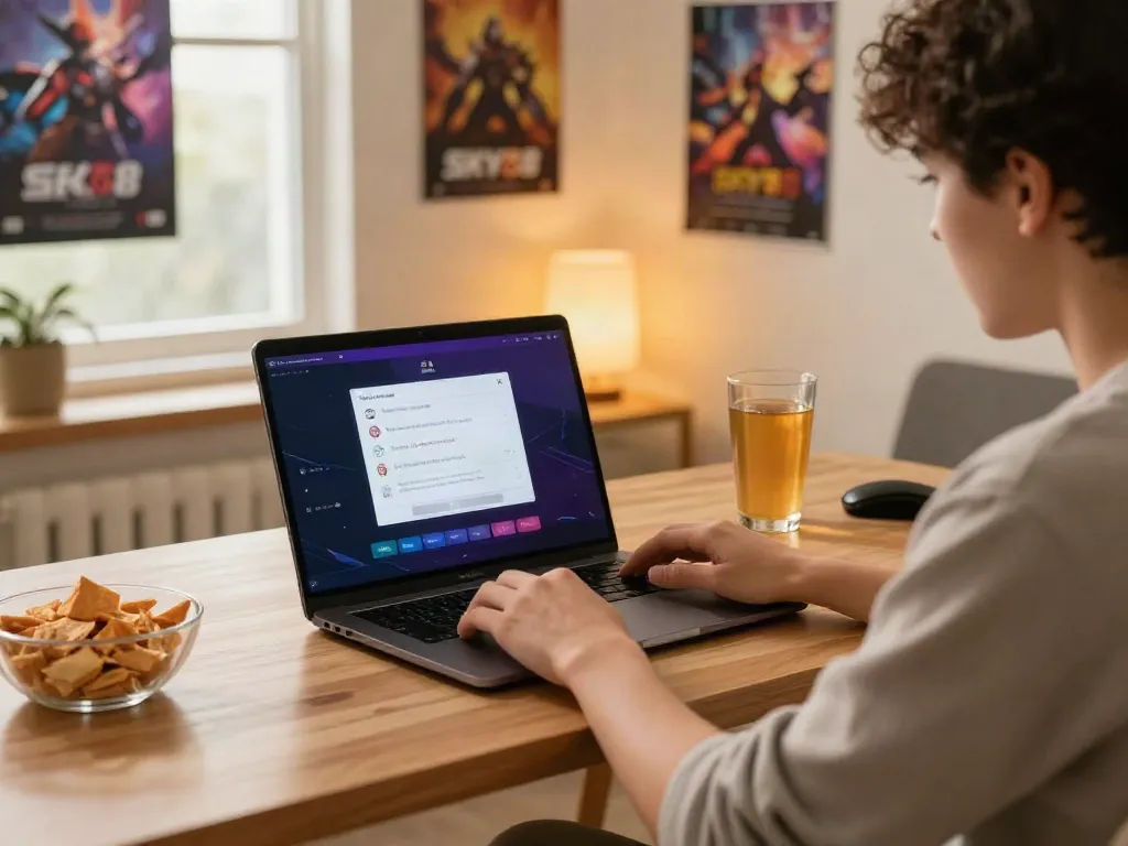 Engaging gaming experience on the SKY88 platform with a user at a cozy workspace.