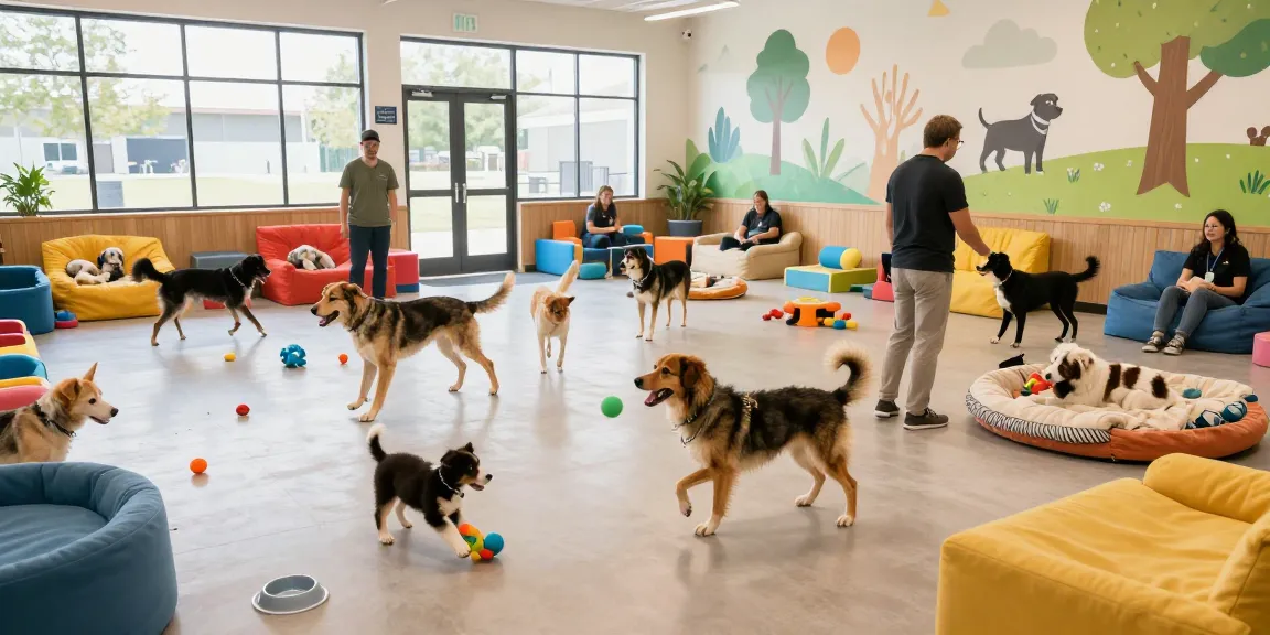 Dog Boarding facility with happy dogs playing and resting in a secure environment.