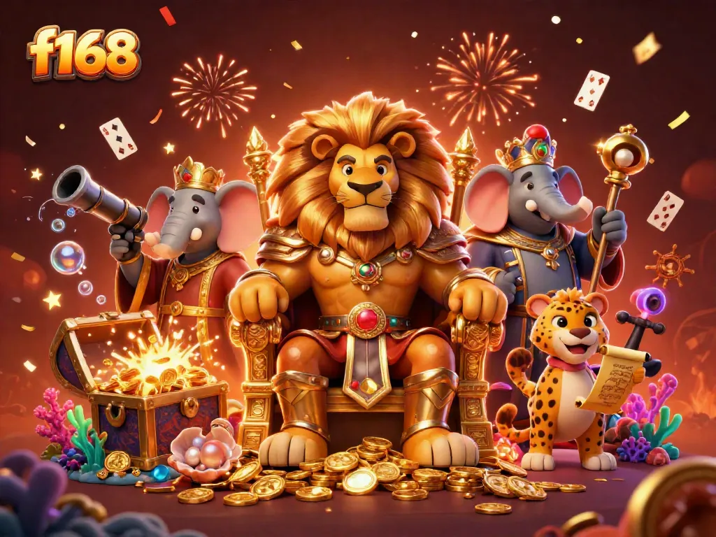 Experience the thrilling world of F168's casino with a fierce lion king, majestic elephant advisor, and swift cheetah messenger in a vibrant and dynamic scene.