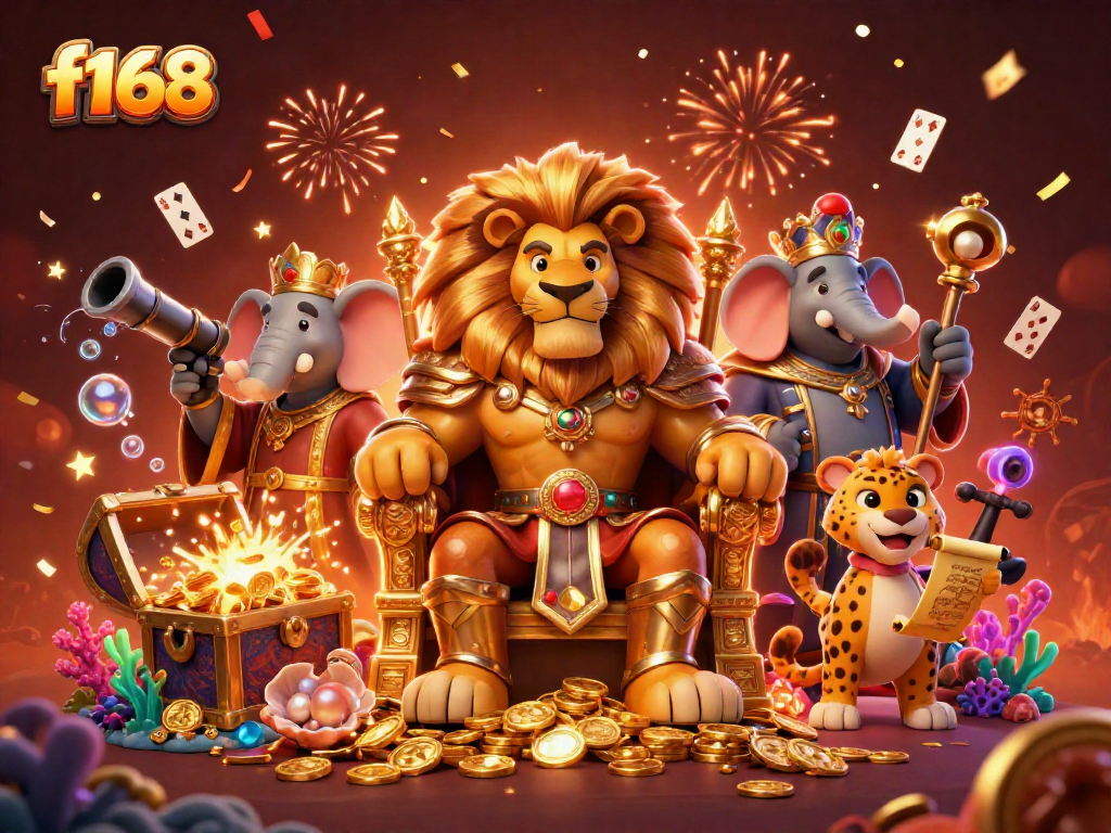 Experience the thrilling world of F168's casino with a fierce lion king, majestic elephant advisor, and swift cheetah messenger in a vibrant and dynamic scene.