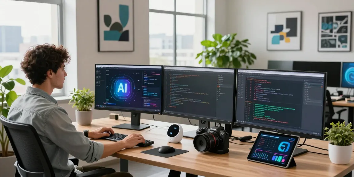 Developer using AI agents in a modern tech workspace with multiple screens and smart devices.
