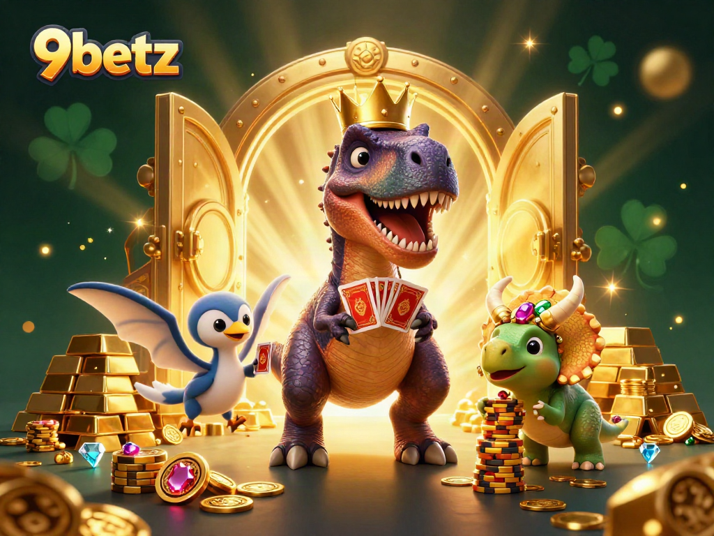 Experience thrilling gaming at 9betz with T-Rex shuffling cards and treasure scattered around.