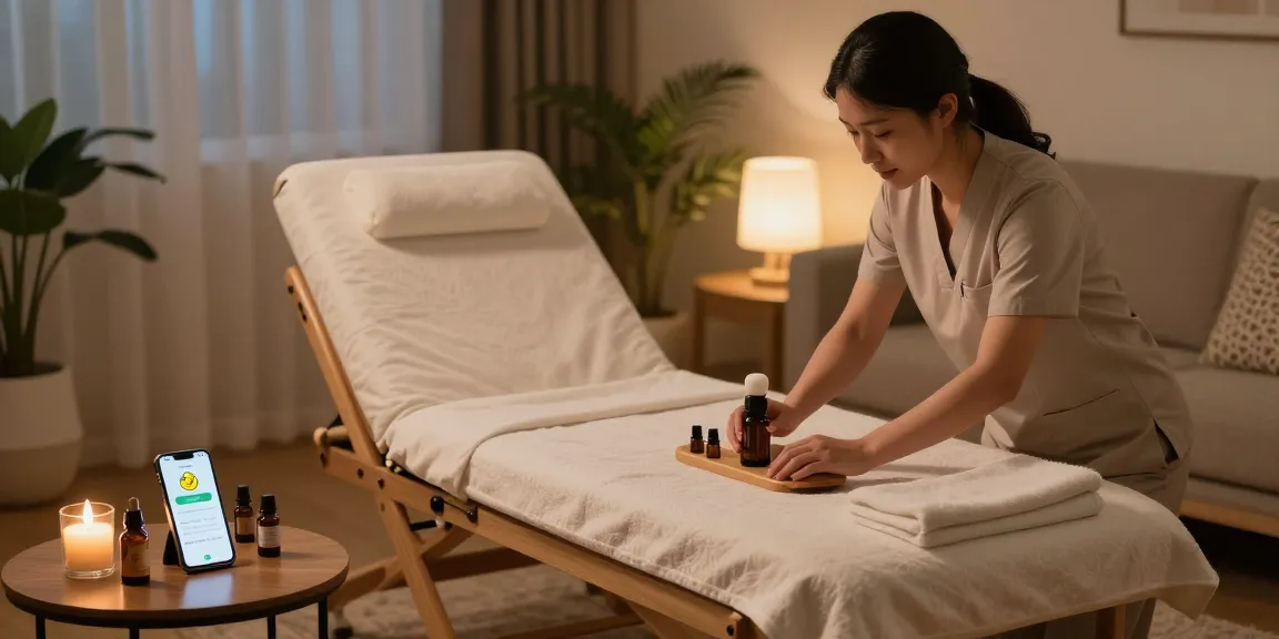 Premium 한국인출장 service in a cozy home environment with a professional therapist preparing oils and tools.