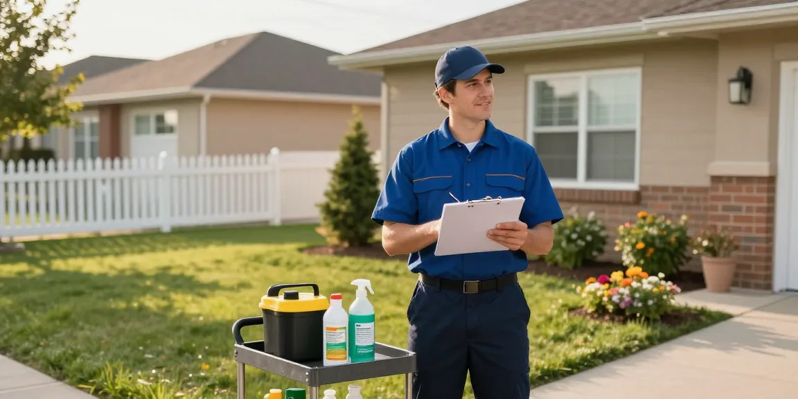Calgary pest control technician inspecting a home in a friendly neighborhood.