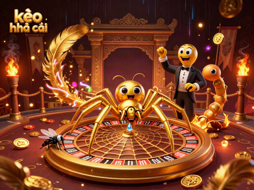 Watch kèo nhà cái as the spider spins a golden roulette wheel web while a fly nervously bets in this dynamic scene.