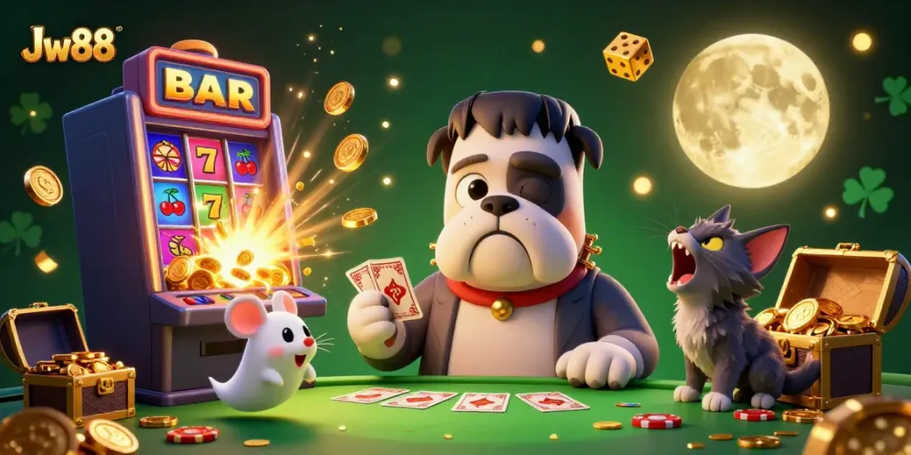 Experience thrilling gameplay with Jw88 as a Frankenstein bulldog monster deals cards surrounded by casino elements.
