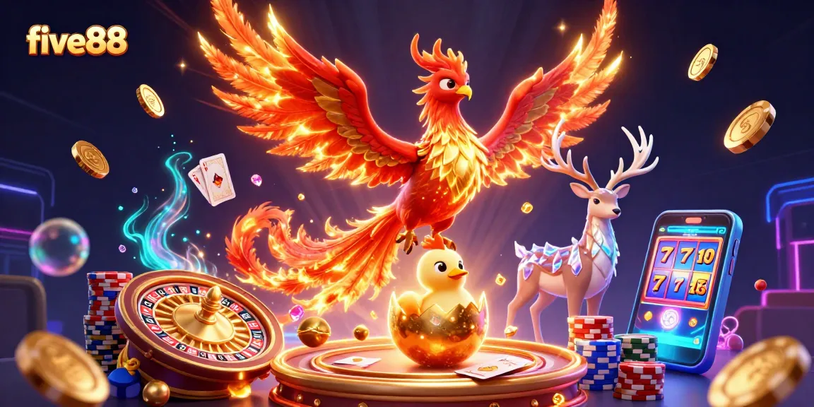 Win big with five88 in a vibrant casino scene featuring a phoenix and dynamic game elements.