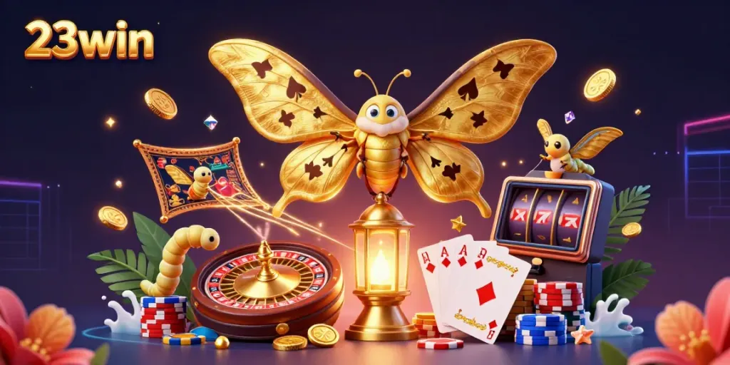 Experience wins like never before at 23win with captivating golden elements and casino scenes.