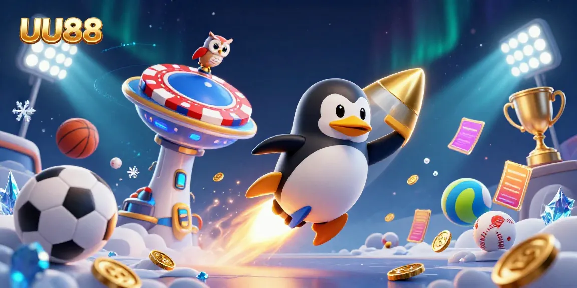 Experience the adventure of UU88 with the golden penguin blasting through space towards a casino!