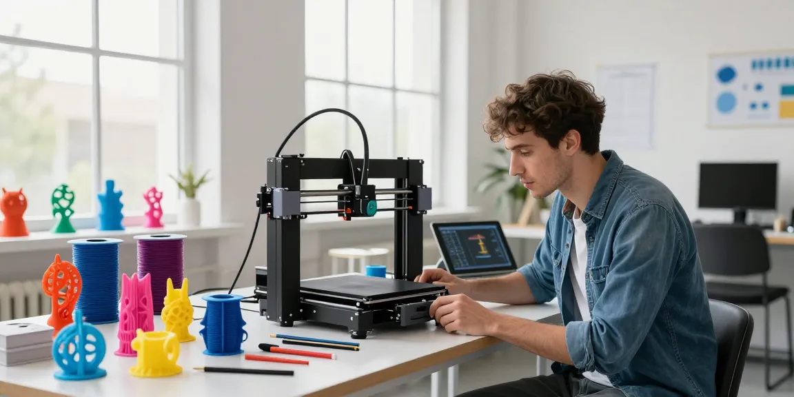 Dynamic workspace showcasing a 3D printer deal in action with colorful filament and innovative designs.