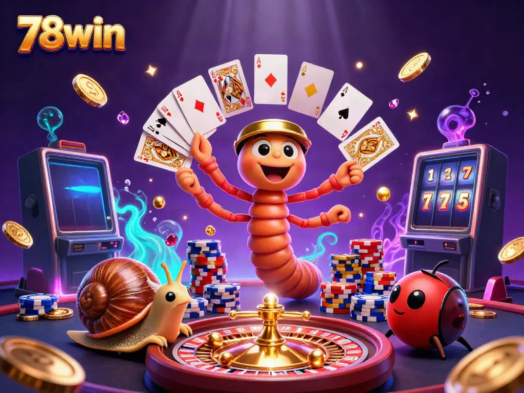 Experience the excitement of 78win casino with a lively cartoon dealer and vibrant game elements.