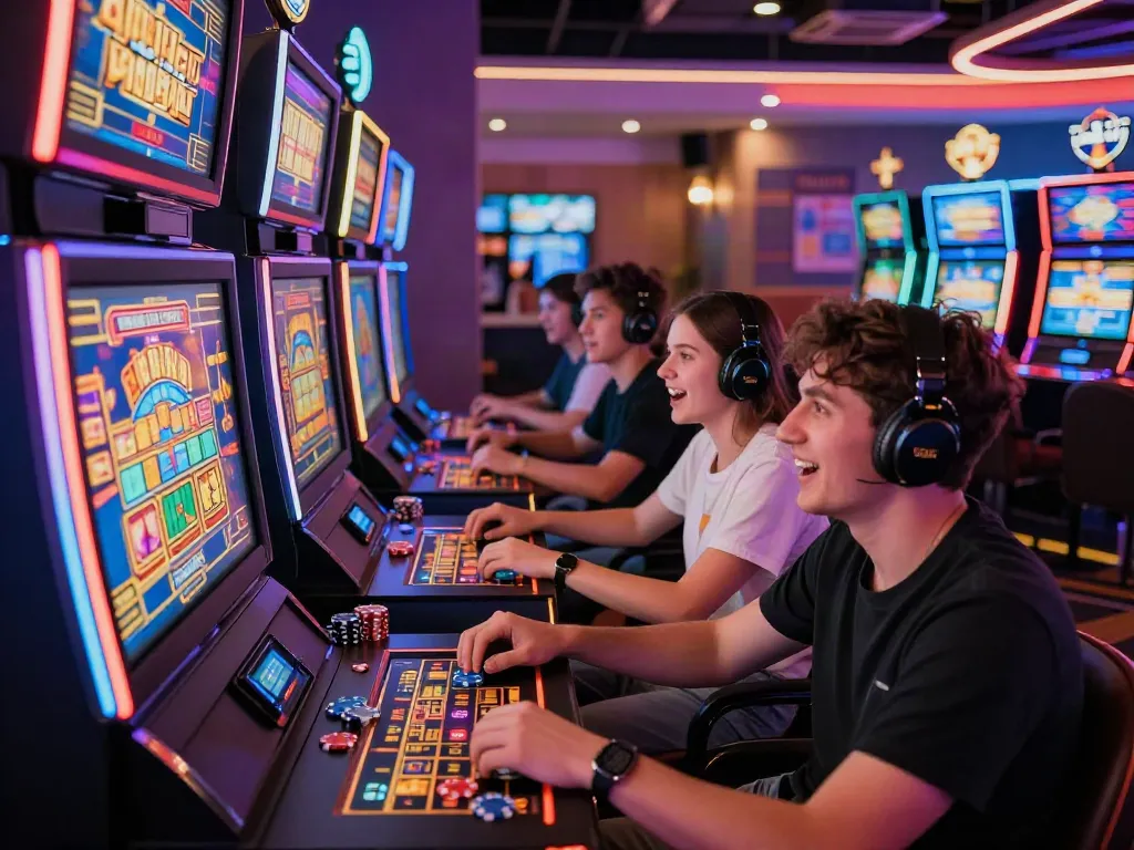 Exciting online gaming scene at https://choinohu.vip/ with players engaged at vibrant slot machines and neon lights.