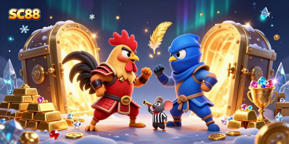 SC88 showcases an epic standoff between rooster warriors amidst a treasure-filled casino ambiance.