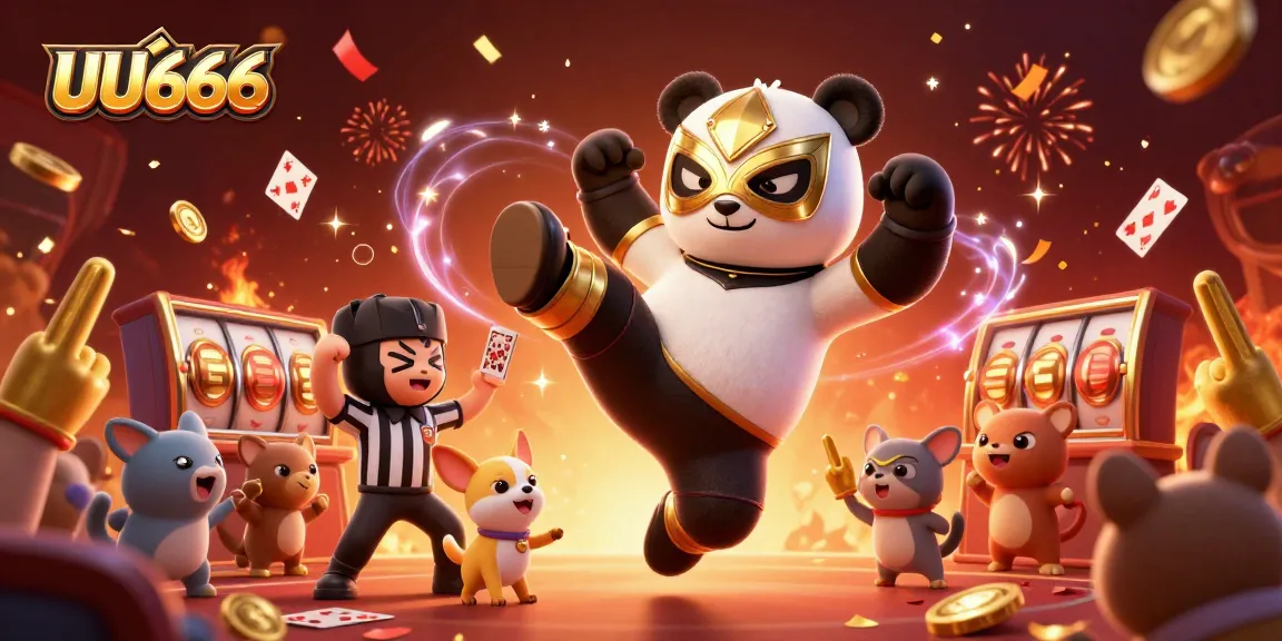 Engage in thrilling gameplay at UU666 with a lively panda wrestler amid vibrant casino elements.