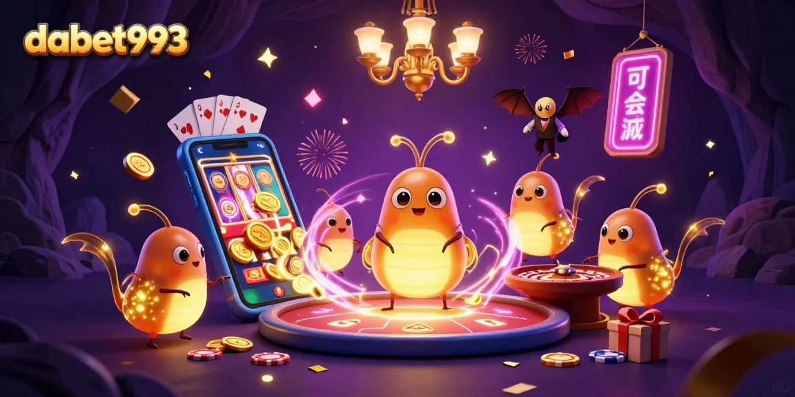 DABET993 lights up a vibrant cave casino scene with glimmering glowworms and dynamic gaming elements.