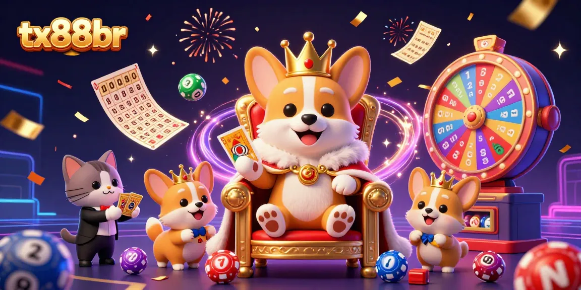 Join the fun at tx88br with a royal corgi, colorful lottery balls, and excitement in a vibrant casino scene.